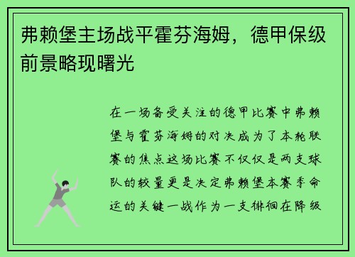 弗赖堡主场战平霍芬海姆，德甲保级前景略现曙光